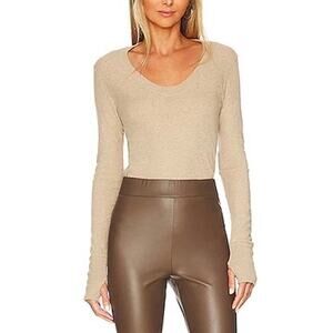 ENZA COSTA Cashmere Easy Cuffed U Neck Long Sleeve Top Womens Small Khaki NEW